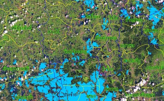 ข้อมูลจากดาวเทียม LANDSAT-5 บันทึกข้อมูลเมื่อวันที่ 15 ตุลาคม 2551 เวลา 10.20 น. แสดงพื้นที่น้ำท่วมบริเวณบางส่วนของจังหวัดชัยนาท ลพบุรี สระบุรี สิงห์บุรี อ่างทอง และ อุทัยธานี