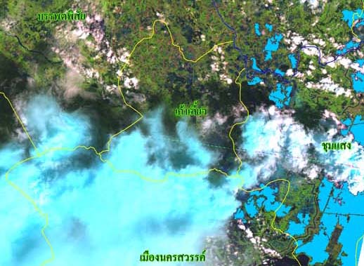 ข้อมูลจากภาพถ่ายดาวเทียม LANDSAT-5 บันทึกข้อมูลเมื่อวันที่ 22 ตุลาคม 2551 เวลา 10.25 น. แสดงพื้นที่น้ำท่วมบริเวณบางส่วนของจังหวัดนครสวรรค์