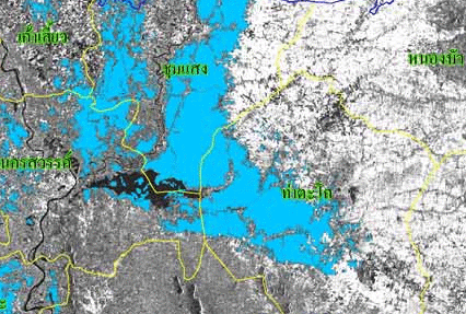 ข้อมูลจากดาวเทียม RADARSAT-1 บันทึกข้อมูลเมื่อวันที่ 6 ตุลาคม 2551 เวลา 06.12 น. แสดงพื้นที่น้ำท่วมบริเวณบางส่วนของจังหวัดชัยนาท นครสวรรค์ ลพบุรี และสิงห์บุรี